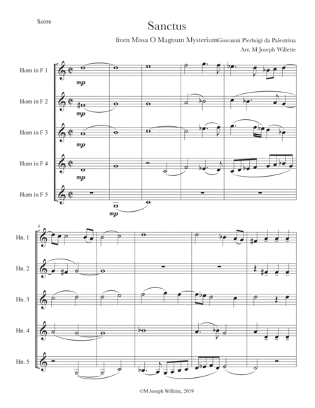 Sanctus From Missa O Magnum Mysterium Horn Quintet Sheet Music