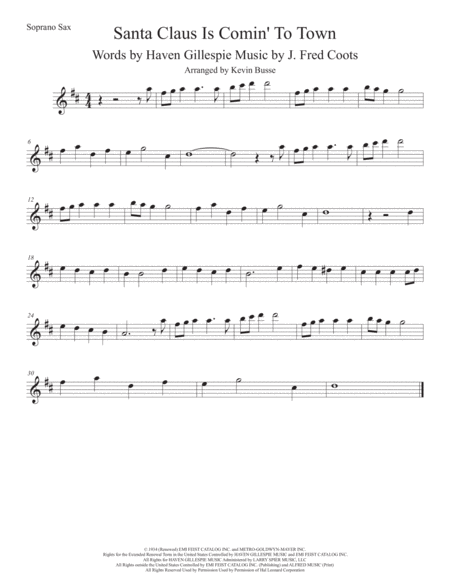 Free Sheet Music Santa Claus Is Comin To Town Easy Key Of C Soprano Sax