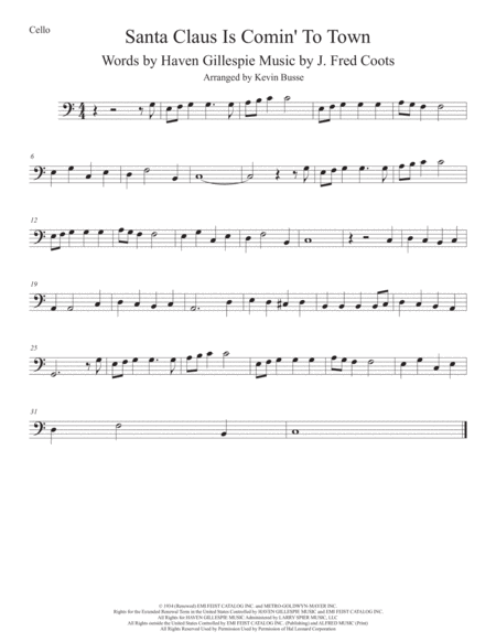 Santa Claus Is Comin To Town Original Key Cello Sheet Music