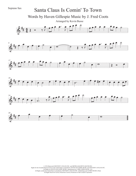 Santa Claus Is Comin To Town Original Key Soprano Sax Sheet Music