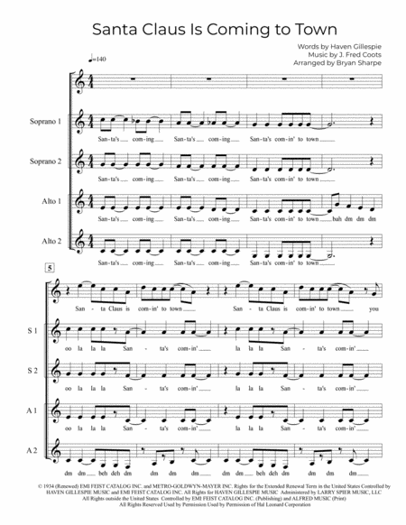 Free Sheet Music Santa Claus Is Comin To Town Ssaa A Cappella