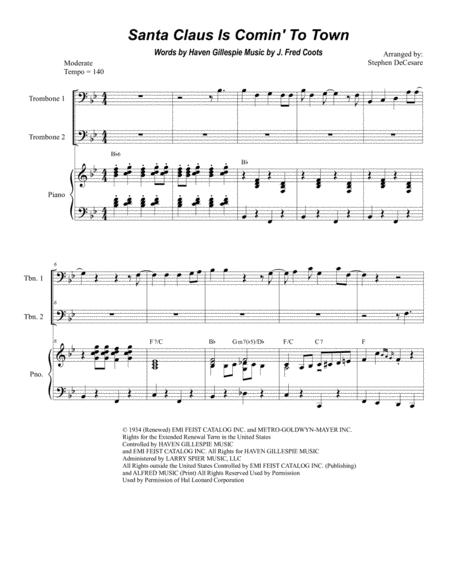 Santa Claus Is Comin To Town Trombone Duet Sheet Music