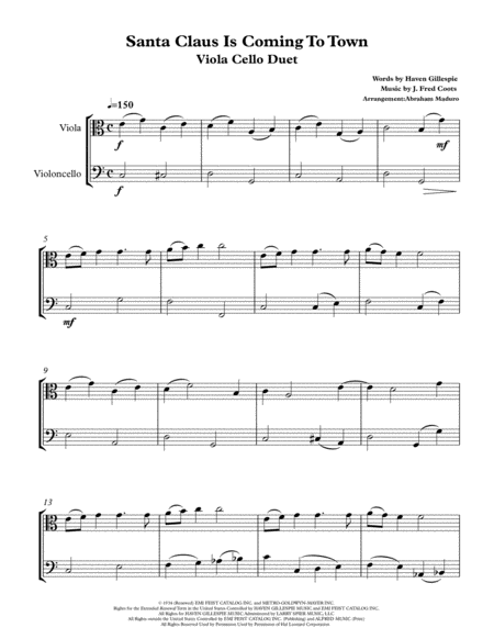 Santa Claus Is Comin To Town Viola Cello Duet Two Tonalities Sheet Music