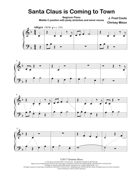 Santa Claus Is Coming To Town Early Piano Sheet Music