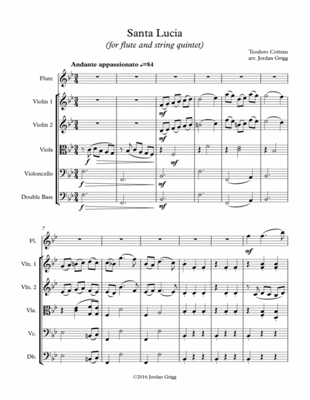 Santa Lucia For Flute And String Quintet Sheet Music