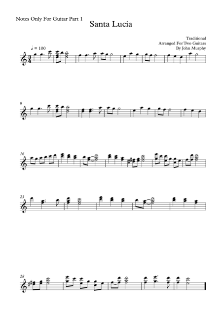 Santa Lucia For Guitar Duo Notes Only For Guitar Part 1 Sheet Music