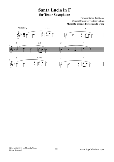Free Sheet Music Santa Lucia In F Tenor Or Soprano Saxophone Solo