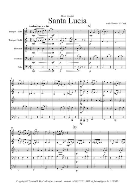 Santa Lucia Italian Folk Song Here In The Twighlight Brass Quintet Sheet Music