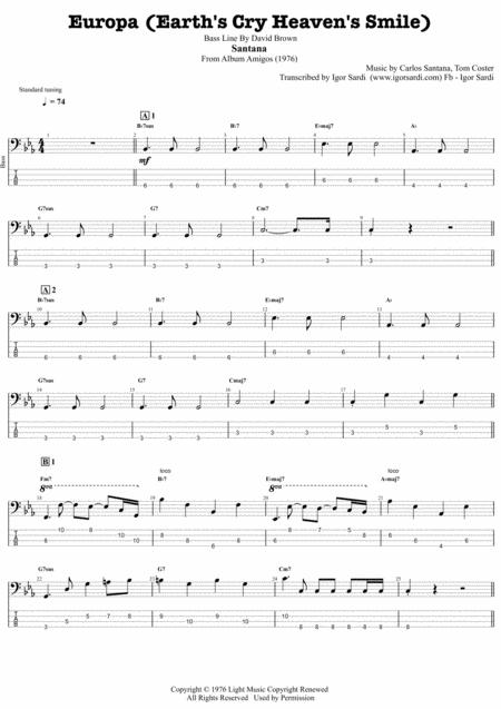 Santana Europa Complete And Accurate Bass Transcription Whit Tab Sheet Music