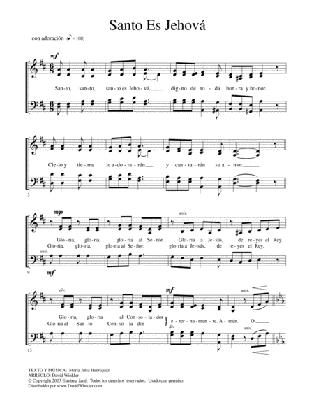 Free Sheet Music Santo Es Jehov