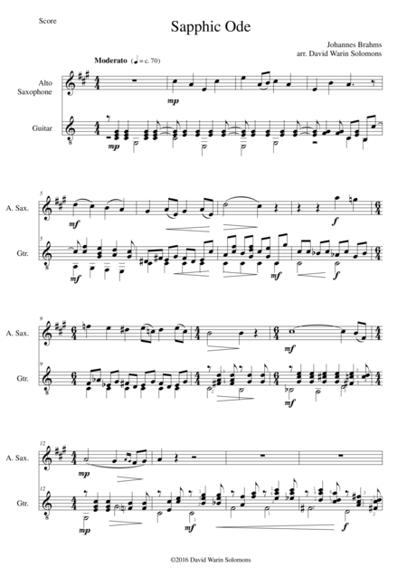Free Sheet Music Sapphic Ode For Alto Saxophone And Guitar