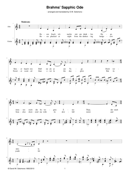Free Sheet Music Sapphic Ode In German And English For Alto Or Baritone And Guitar