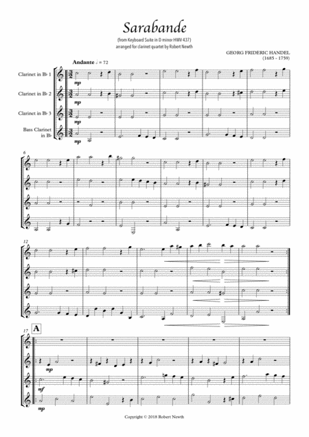 Free Sheet Music Sarabande From Keyboard Suite In D Minor Hwv 437 For Clarinet Quartet