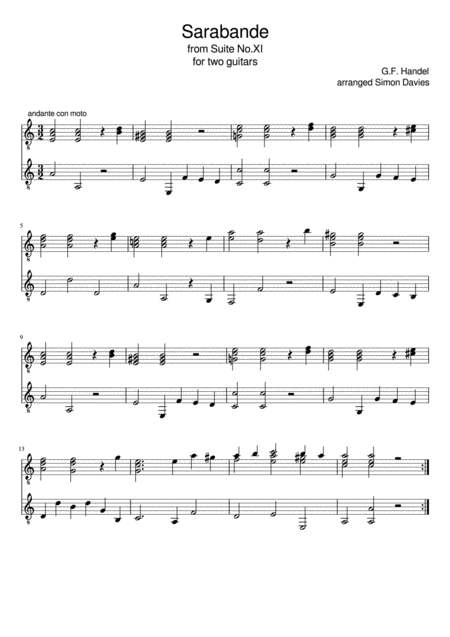 Free Sheet Music Sarabande From Suite No 11 G F Handel Arranged For Guitar Duo