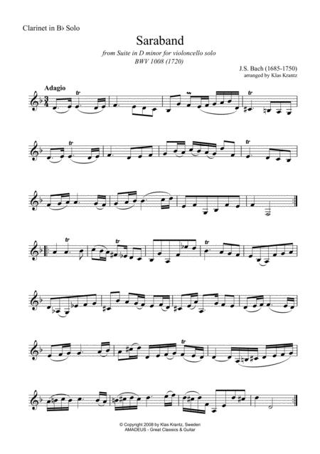 Sarabande From Suite No 2 Bwv 1008 For Clarinet Solo Sheet Music