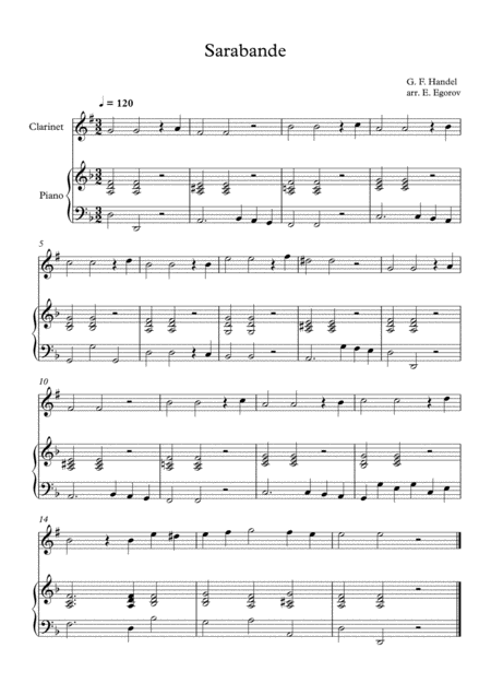 Sarabande George Frideric Handel For Clarinet Piano Sheet Music