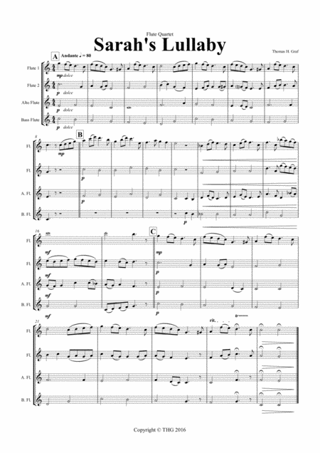 Free Sheet Music Sarahs Lullaby Grade 2 Flute Quartet