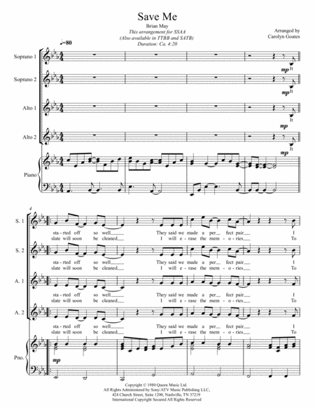 Free Sheet Music Save Me Queen For Ssaa Piano