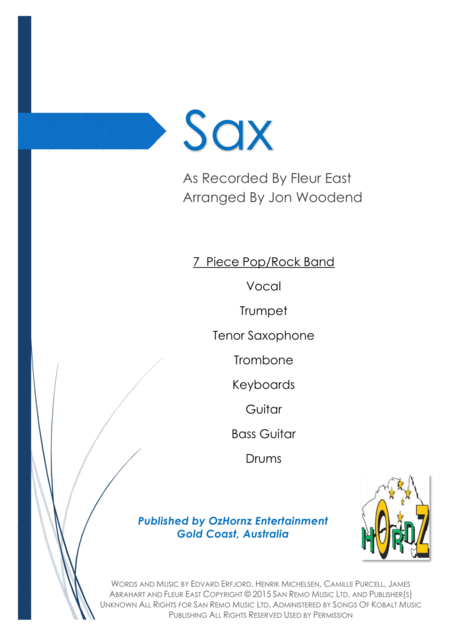 Sax 7 Piece Pop Rock Band Sheet Music