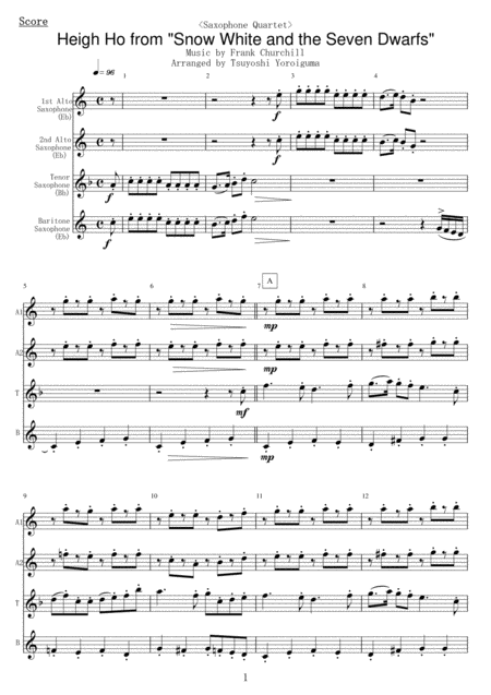 Free Sheet Music Saxophone Quartet Heigh Ho From Snow White And The Seven Dwarfs