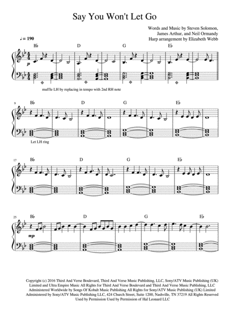 Free Sheet Music Say You Wont Let Go Easy Harp Solo