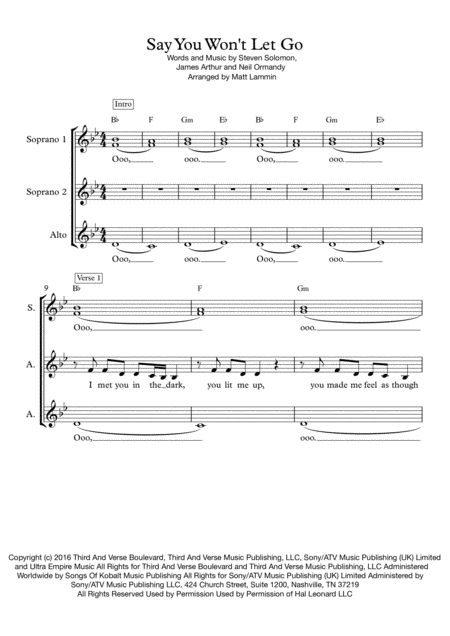 Free Sheet Music Say You Wont Let Go Ssa