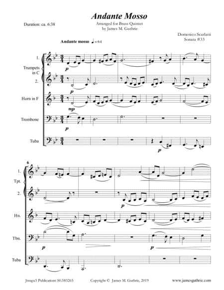 Free Sheet Music Scarlatti Andante Mosso For Brass Quintet