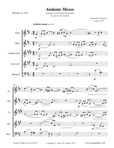 Scarlatti Andante Mosso For Woodwind Quintet Sheet Music