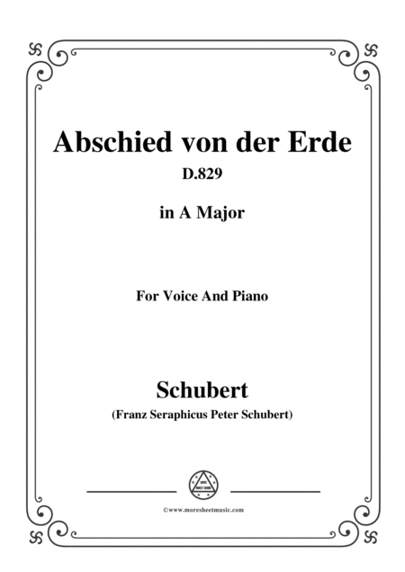 Schubert Abschied Von Der Erde Farewell To The Earth D 829 In A Major For Voice Piano Sheet Music