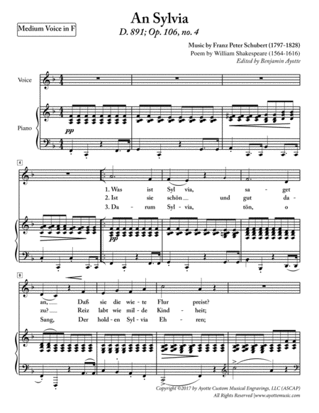 Schubert An Sylvia Medium Voice In F Major Sheet Music