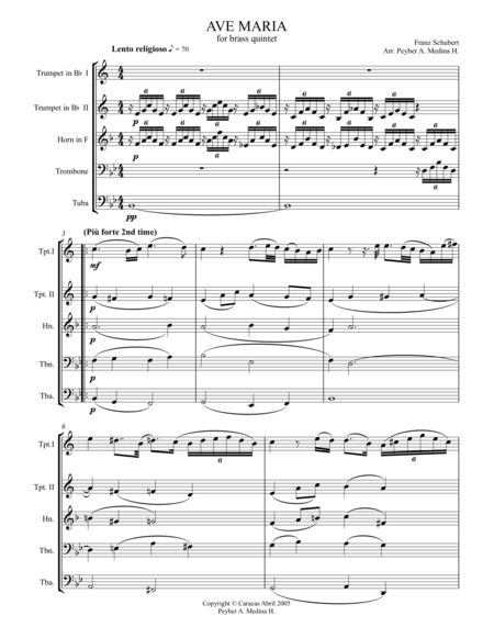 Schubert Ave Maria For Brass Quintet Sheet Music