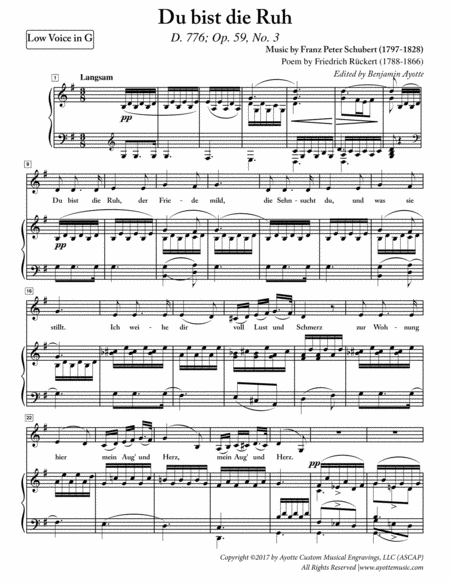 Free Sheet Music Schubert Du Bist Die Ruh For Low Voice In G Major