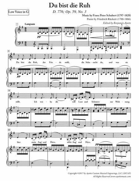 Schubert Du Bist Die Ruh For Low Voice In G Major Sheet Music