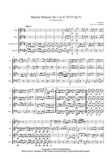 Schubert Marche Militaire No 1 In D D733 Op 51 Arr Wind Quartet Sheet Music