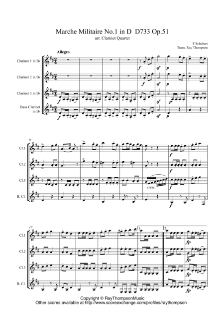 Free Sheet Music Schubert Marche Militaire No 1 In D D733 Op 51 Arranged Clarinet Quartet