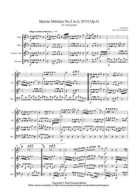 Schubert Marche Militaire No 2 In G D733 Op 51 Arr Wind Quartet Sheet Music