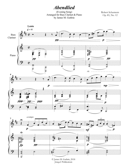 Schumann Abendlied For Bass Clarinet Piano Sheet Music