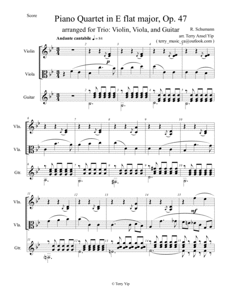 Schumann Op 47 Cantabile For Violin Viola And Guitar Sheet Music