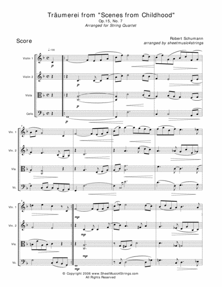 Schumann R Traumerei For String Quartet Sheet Music