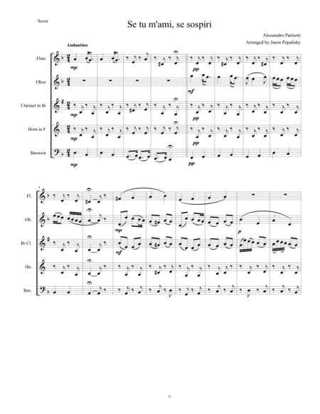 Free Sheet Music Se Tu M Ami Se Sospiri For Wind Quintet