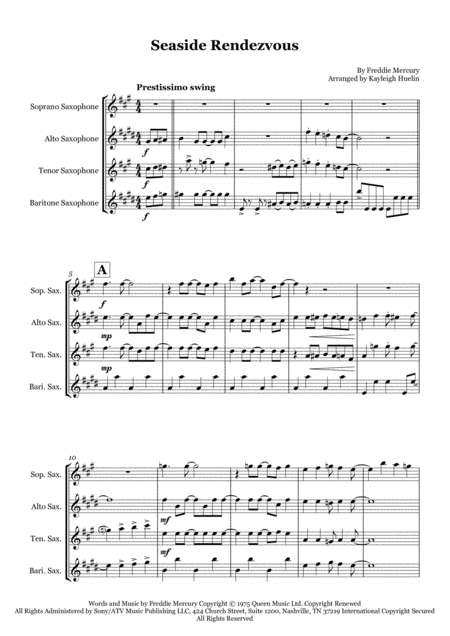 Seaside Rendezvous By Queen Saxophone Quartet Satb Sheet Music