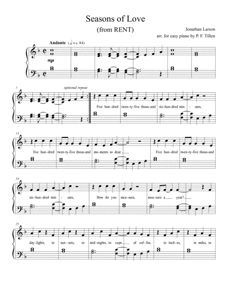 Seasons Of Love Easy Piano Sheet Music