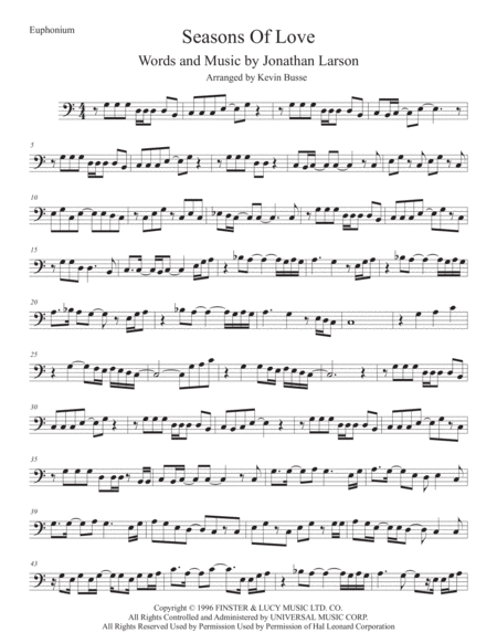 Seasons Of Love Euphonium Easy Key Of C Sheet Music