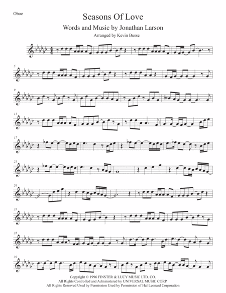 Free Sheet Music Seasons Of Love Oboe Original Key