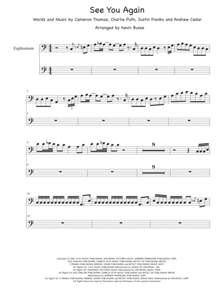 See You Again Easy Key Of C Euphonium Sheet Music