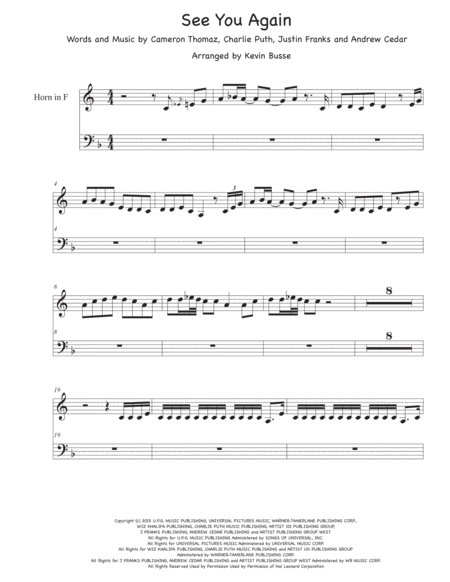 See You Again Easy Key Of C Horn In F Sheet Music