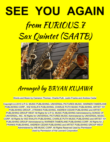 See You Again From Furious 7 Sax Quintet Saatb Sheet Music