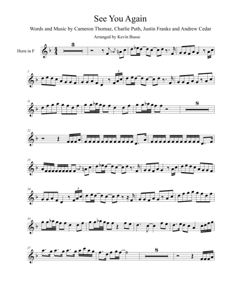 Free Sheet Music See You Again Original Key Horn In F