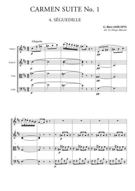 Free Sheet Music Seguedille Les Dragons D Alcala From Carmen Suite For String Quartet