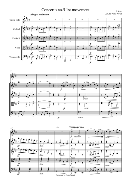 Seitz 1st Movement From Pupil Student Concerto No 5 In D Major For Violin And Piano Arranged For Violin And String Orchestra Sheet Music